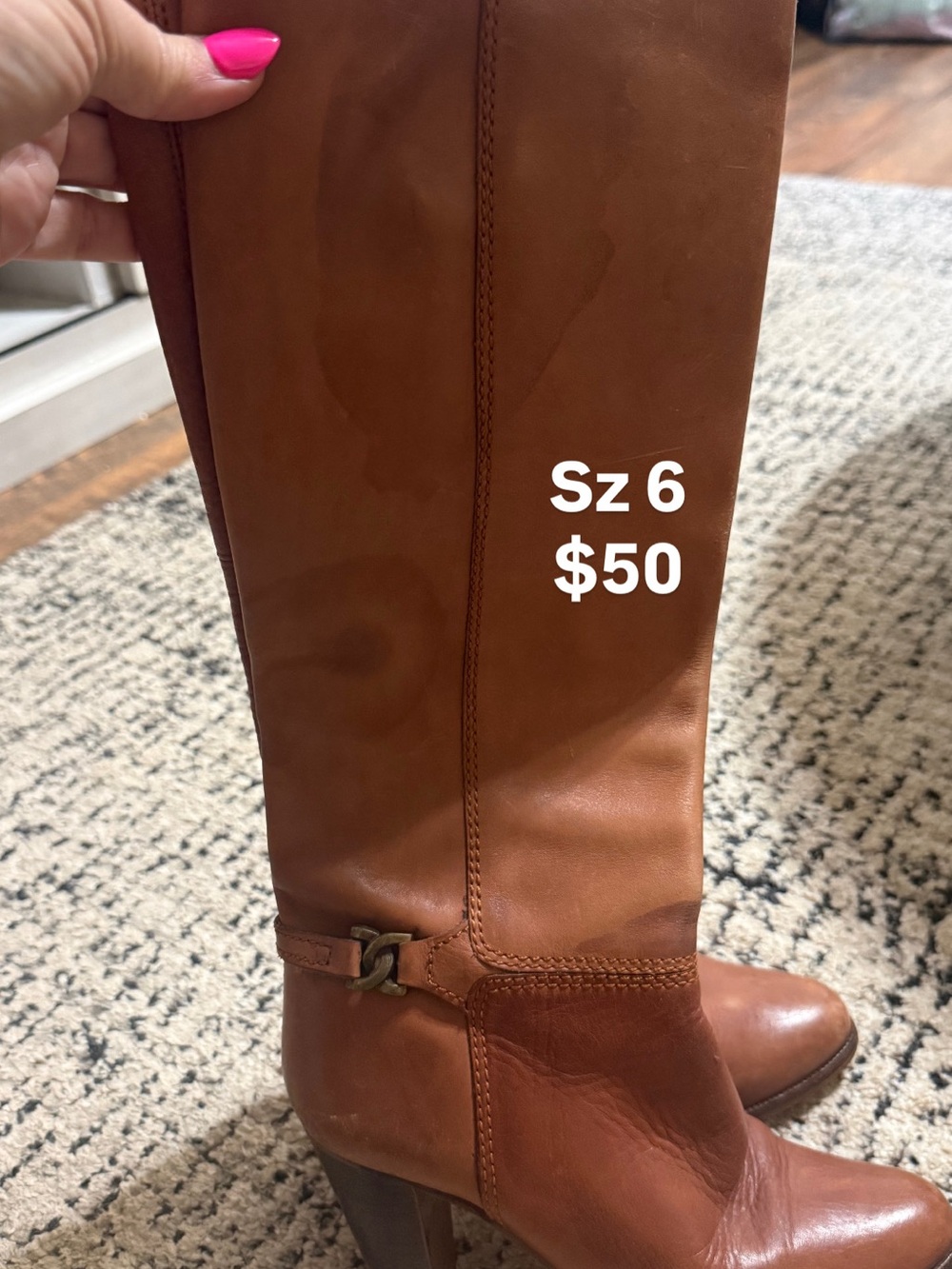 Cognac Leather Knee-High Riding Boots | Block Heel | Size 6M